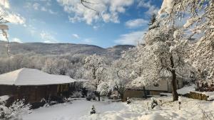 Cabaña cubierta de nieve con árboles y montañas en Little River Guest House, en Gabrovo