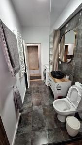 een badkamer met een toilet, een wastafel en een spiegel bij Sara Apartament in Craiova