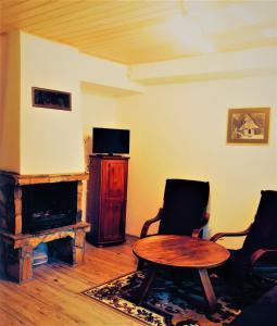 韦特利纳Chatka Bukowina的带桌子和壁炉的客厅