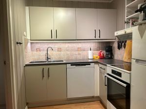 a kitchen with white cabinets and a sink at Hafjell Ski-in Ski-Out in Øyer +18 photos
