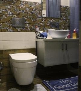 a bathroom with a white toilet and a sink at Entire Vintage Apartment, Historic Heights Haven in Noida