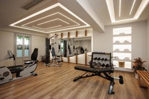 Un gimnasio con varias cintas de correr y máquinas en una sala. en Iria Beach Art Hotel, en Agia Anna de Naxos