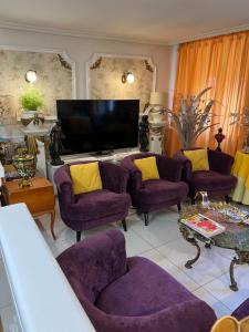 a living room with purple chairs and a flat screen tv at Hotel Relax in Marseille