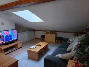 Les Contamines Montjoie في Le Cugnon: غرفة معيشة مع أريكة زرقاء وشجرة عيد الميلاد