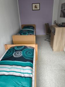 two beds in a room with a desk and a sink at Ferienwohnung Luka in Kaulsdorf