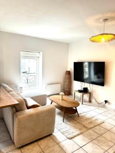 a living room with a couch and a flat screen tv at Appartement cocooning in Laval