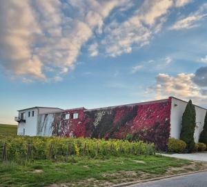 a building with a red wall next to a road at Vignes au Balcon in Villers-Marmery