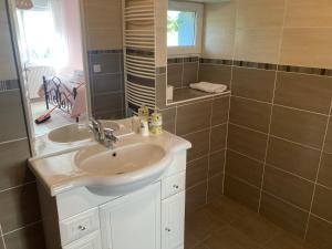 un bagno con lavandino e specchio di B&B L'Atout de France a Fléré-la-Rivière