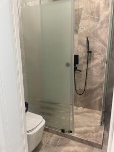 Un baño con inodoro y ducha de cristal. en Luxery Duplex, en Salor Bekati