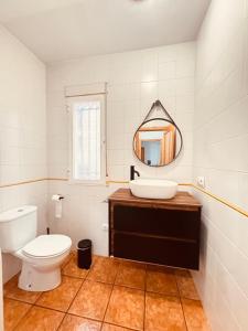 a bathroom with a toilet and a sink and a mirror at La Osera in Arroyo Frio