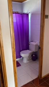 a bathroom with a purple shower curtain and a toilet at El Fortín de los Choros, un descanso para la familia in Los Choros