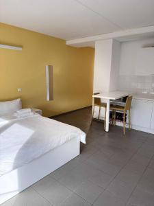 a bedroom with a bed and a table and a desk at Modern studio Belval in Esch-sur-Alzette