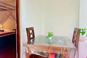 einen Tisch mit einer Topfpflanze darüber in der Unterkunft Ocean's Whisper in Tangalle