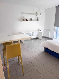 a bedroom with a desk and a bed and a table and chair at Modern studio Belval in Esch-sur-Alzette