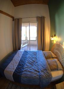 a bedroom with a bed with a blue comforter and a window at Appartement Pont Royal vu lac in Mallemort +31 photos