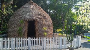 Arman homestay mawlynnong في Mawlynnong: كوخ صغير بسياج أبيض أمامه