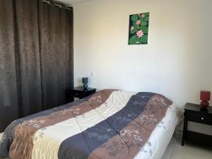 ein Schlafzimmer mit einem Bett und einem Bild an der Wand in der Unterkunft Gîte de la loge SAMY in Châtillon-sur-Broué