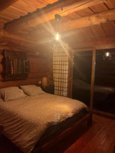 a bedroom with a bed in a room with a window at Chalet canadien en Morvan in Rouvray