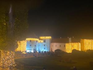 a building lit up with christmas lights at night at Apartment in the city center in Varaždin