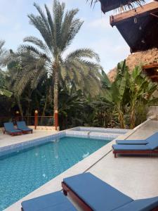 a swimming pool with blue chairs and palm trees at Nomad Inn Tiwi Albir in Sur