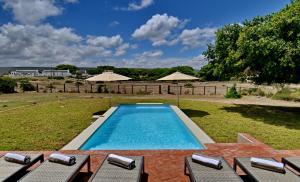 De Hoop Villa في De Hoop Nature Reserve: مسبح مع كراسي ومظلات في ساحة