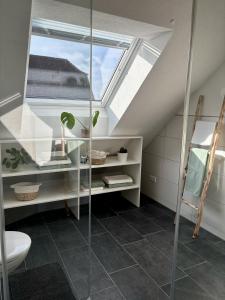 a attic bathroom with a skylight and a shower at Ferien am Winkelhof in Deggenhausertal +43 photos
