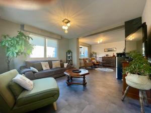 a living room with a couch and a table at Chez L en Alsace - Maison avec jardin et piscine spa proche d'Obernai in Griesheim-près-Molsheim