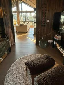 una sala de estar con un sofá y una alfombra en Modern Cabin With Views Of Skeikampen, en Svingvoll