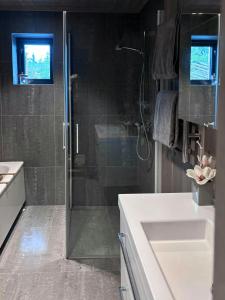 Un baño con ducha de cristal y lavabo. en Modern Cabin With Views Of Skeikampen, en Svingvoll