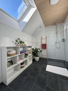 a bathroom with a shower and a skylight at Ferien am Winkelhof in Deggenhausertal