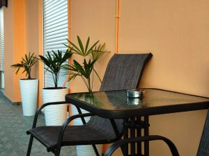 a table and a chair with plants in a room at 3 Mountains Luxury House in Aridaia