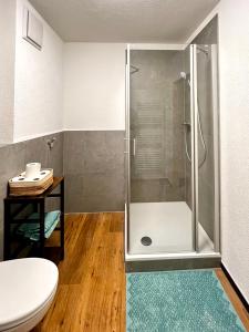 een badkamer met een douche, een toilet en een tafel bij Wohlfühlwohnung mit Dachterrasse in Donaueschingen