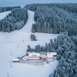 ein Bahnhof mitten in einem schneebedeckten Wald in der Unterkunft Bílá Labuť Pec in Pec pod Sněžkou