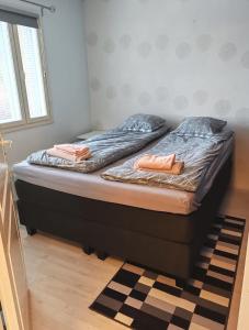120n Villa Hietala paritalo, 1-8henkilön LUXUS majoitus, 3x160cm jenkkisängyt Löhösohvat, iso takaterassi, täyd keittiö Kodink, laatu sauna, Takka, Tv 75" x2, 2wc, autokatos, avainboxi koodilla, itsekirjaus 24h, wifi ja 500mb kuitunetti, kuivaava pesukone في سينايوكي: سريرين توأم جالسين في غرفة مع