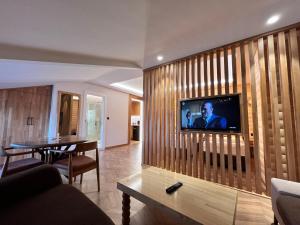 a living room with a television on a wooden wall at Gumus Palace Hotel in Istanbul