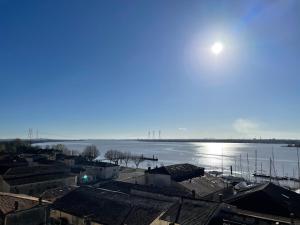 einen Blick auf einen großen Wasserkörper mit Gebäuden in der Unterkunft Cosy Logis site historique in Bourg-sur-Gironde
