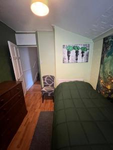 a bedroom with a green bed and a dresser and a bedroom with a bed at accommodation near Luton city centre in Luton +4 photos