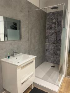 ein Badezimmer mit einem weißen Waschbecken und einer Dusche in der Unterkunft Sur la route des châteaux in Soussans