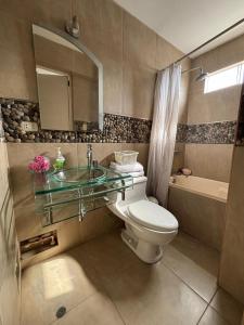 Casa Portada del Sol في La Molina: حمام مع حوض ومرحاض وحوض استحمام