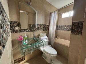 Casa Portada del Sol في La Molina: حمام مع مرحاض ومغسلة زجاجية