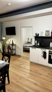 een woonkamer met een keuken en een bed bij Wohlfühlwohnung mit Dachterrasse in Donaueschingen +3 foto's