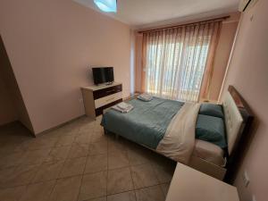 地拉那Kalpazo Bloom Tirana的一间带床、电视和窗户的卧室