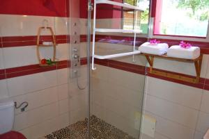 a bathroom with a glass shower and a toilet at Maison confortable avec piscine à Goyave in Goyave