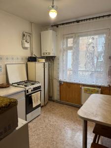 eine Küche mit einem Herd, einem Kühlschrank und einem Fenster in der Unterkunft Gorodok Home in Skole