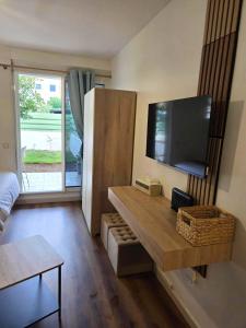 圣丹尼斯Sawadee Studio, meublé & jardin的客厅墙上有一台平板电视