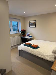 ein Schlafzimmer mit Bett, Schreibtisch und Fenster in der Unterkunft Tranquil Barnet in Barnet