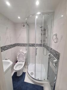 a bathroom with a shower and a toilet and a sink at 2 bedroom Flat Heathrow in Feltham