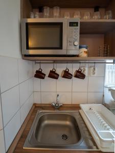 una cocina con fregadero y microondas en Sárga Csikó vendégház, en Debrecen 31 fotos más