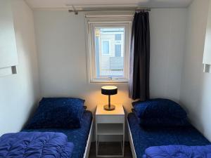 two beds in a small room with a window at Ferien-Chalet Oostkapelle in Oostkapelle +36 photos