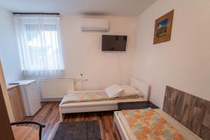 Una pequeña habitación con dos camas y un televisor. en Sárga Csikó vendégház, en Debrecen